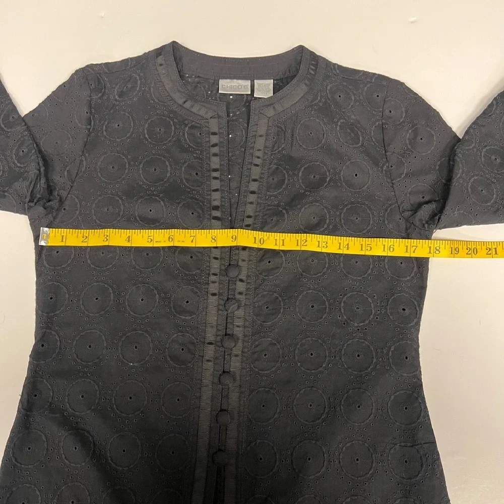 Chico's Eyelet Embroidered Button Front 3/4 Sleeve‎ Black Size 0